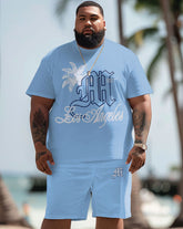 Men's Plus Size Hawaiian Coconut Tree Angel Alphabet Print T-Shirt Shorts Suit